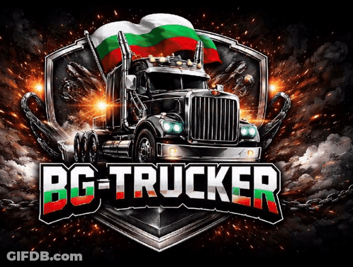 A Logo For Bg-Trucker With A Truck And A Flag GIF