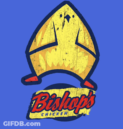 A Logo For Bishop 'S Chicken Shows A Yellow Chicken On A Blue Background GIF