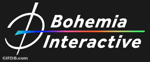 A Logo For Bohemia Interactive With A Rainbow Colored Arrow GIF