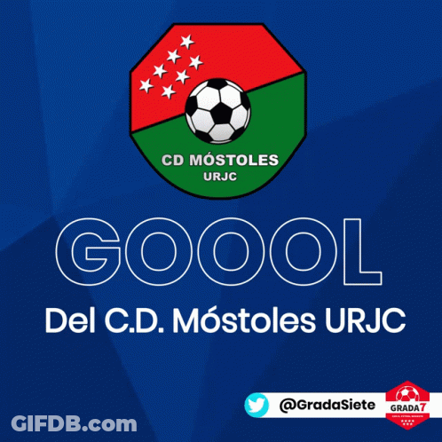 A Logo For Cd Mostoles Urjc With A Soccer Ball On A Blue Background GIF