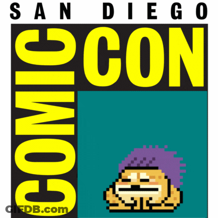 A Logo For Comic Con In San Diego With A Pixelated Character GIF