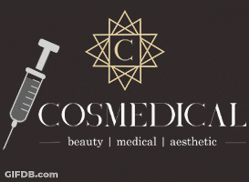 A Logo For Cosmedical Beauty Medical Aesthetic With A Syringe GIF