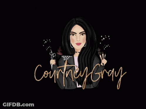 A Logo For Courtney Gray Shows A Woman Holding Scissors And Makeup GIF