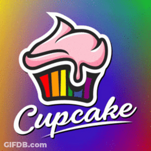 A Logo For Cupcake With A Rainbow Colored Cupcake On A Colorful Background GIF
