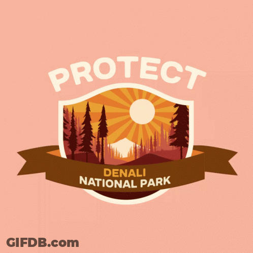 A Logo For Denali National Park With A Shield And Trees On A Pink Background GIF