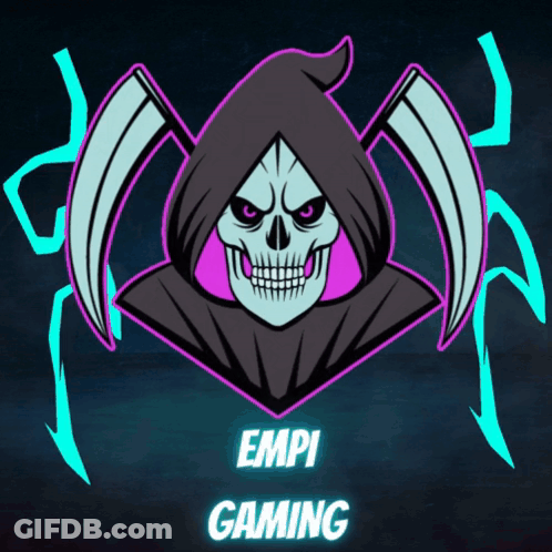 A Logo For Empi Gaming Has A Grim Reaper With Scythes GIF
