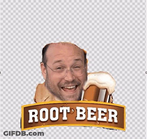 A Logo For Fug Root Beer With A Bald Man GIF