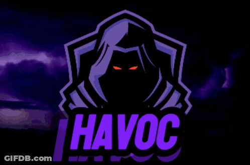 A Logo For Havoc With A Hooded Figure On A Dark Background GIF