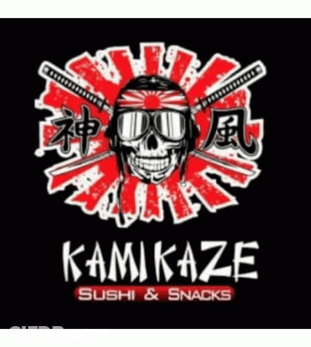 A Logo For Kamikaze Sushi And Snacks With A Skull Wearing A Helmet And Sunglasses . GIF