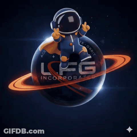 A Logo For Lfg Incorporated With An Astronaut On Top Of It GIF