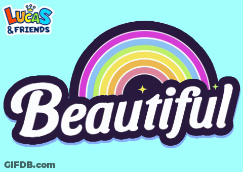 A Logo For Lucas & Friends With A Rainbow And The Word Beautiful GIF