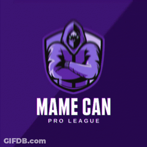 A Logo For Mame Can Pro League With A Hooded Figure On A Purple Background GIF