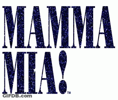 A Logo For Mamma Mia Written In Purple Glitter GIF