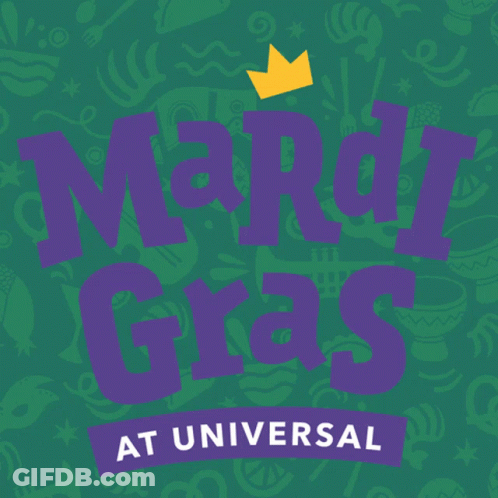 A Logo For Mardi Gras At Universal With A Crown On Top GIF