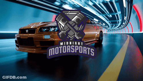 A Logo For Midnight Motorsports Shows A Car Driving Down A Road GIF