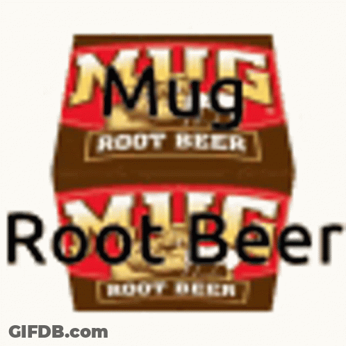 A Logo For Mug Root Beer With Two Barrels On A White Background . GIF
