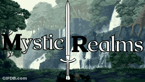 A Logo For Mystic Realms With A Sword In The Middle GIF