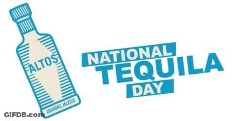 A Logo For National Tequila Day With A Bottle Of Faltos GIF