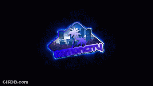A Logo For Nationality With Palm Trees And Buildings GIF