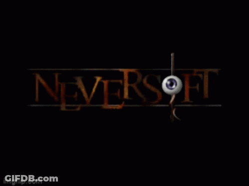 A Logo For Neversoft With An Eye And Sword GIF