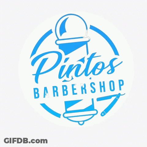A Logo For Pintos Barbershop Shows A Shaving Razor And Top Hat GIF