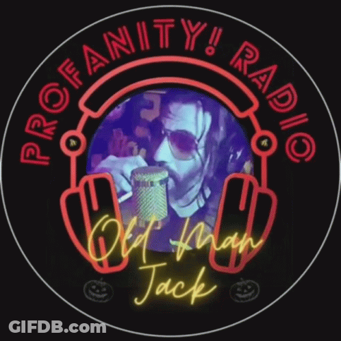 A Logo For Profanity Radio With A Man In Headphones GIF