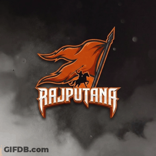 A Logo For Rajputana With An Orange Flag And A Man On A Horse GIF