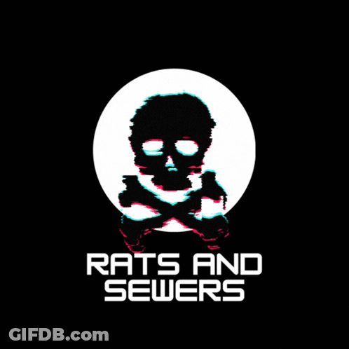 A Logo For Rats And Sewers With A Skull And Crossbones On A Black Background GIF