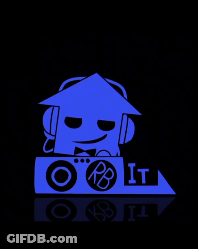 A Logo For Rb It Shows A House With A Bow Tie And Headphones GIF