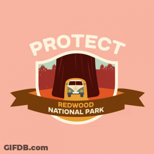 A Logo For Redwood National Park With A Shield And A Hippie Van GIF