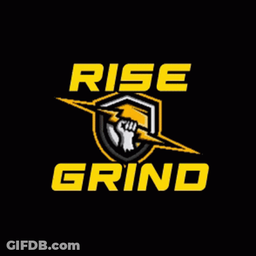 A Logo For Rise Grind With A Lightning Bolt And A Hand GIF
