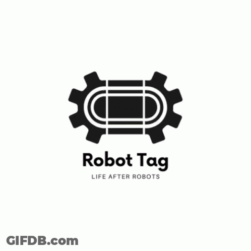 A Logo For Robot Tag Life After Robots Is Displayed On A Blue Background GIF