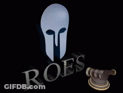 A Logo For Roes With A Spartan Helmet And A Gavel GIF