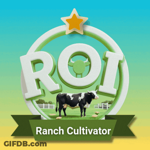 A Logo For Roi Ranch Cultivator With A Cow On It GIF