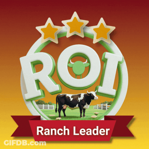 A Logo For Roi Ranch Leader With A Cow In The Middle GIF