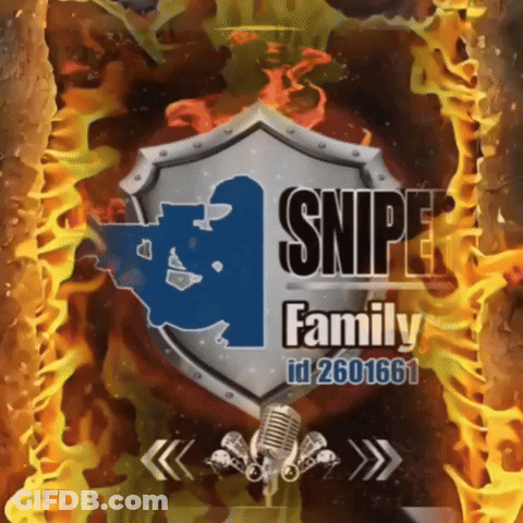 A Logo For Snipe Family Shows A Shield And A Microphone In Front Of Flames GIF