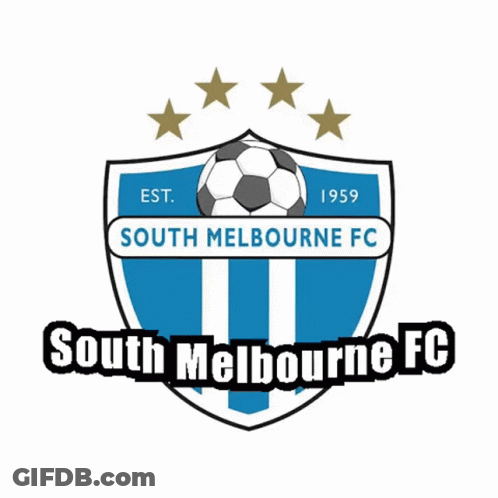 A Logo For South Melbourne Fc With A Soccer Ball And Stars GIF