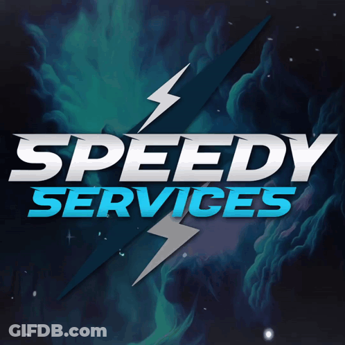 A Logo For Speedy Services With A Lightning Bolt In The Middle GIF