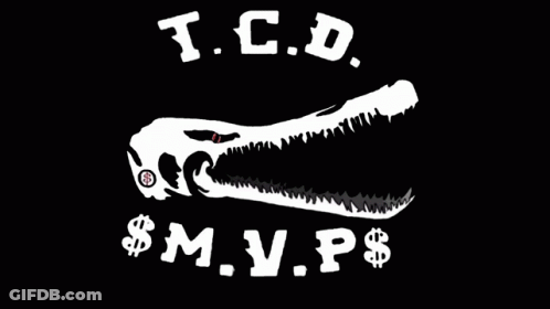 A Logo For T.c.d. $ M.v.p.s With A Crocodile On A Black Background GIF