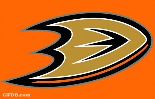 A Logo For The Anaheim Ducks Shows A Duck Wearing A Mask And Crossed Hockey Sticks GIF