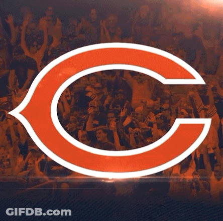 A Logo For The Chicago Bears With A Crowd Of People In The Background GIF