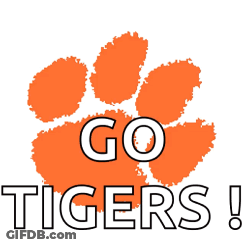 A Logo For The Clemson Tigers With An Orange Paw Print In The Background GIF