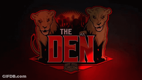 A Logo For The Den With Two Lions On A Dark Background GIF