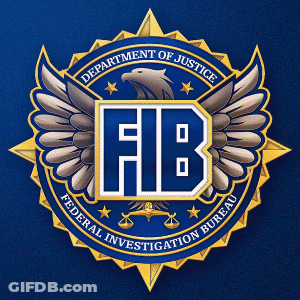 A Logo For The Department Of Justice Federal Investigation Bureau With An Eagle And Scales Of Justice GIF
