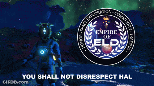 A Logo For The Empire Of Eld With A Man In A Space Suit GIF