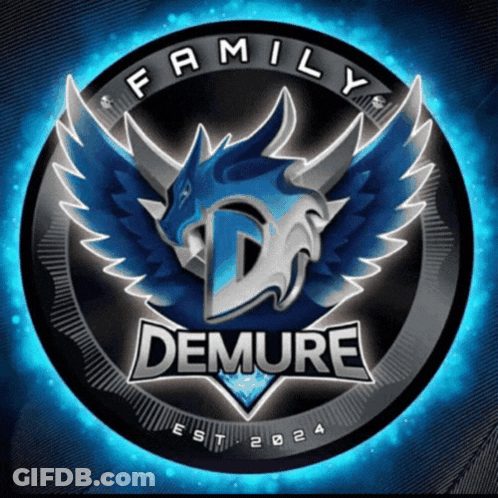 A Logo For The Family Demure With A Blue Dragon On It GIF