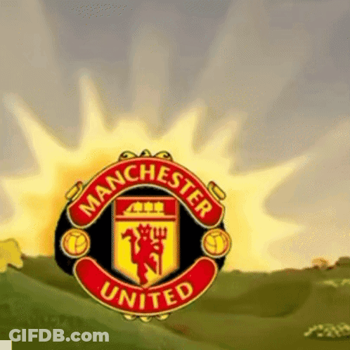 A Logo For The Manchester United Soccer Team With A Sun In The Background GIF