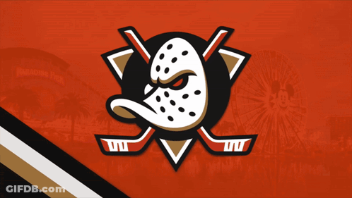 A Logo For The Mighty Ducks Shows A Duck And Two Hockey Sticks GIF