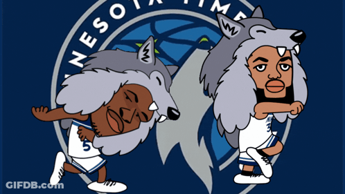 A Logo For The Minnesota Timberwolves With A Cartoon Of Two Wolves GIF