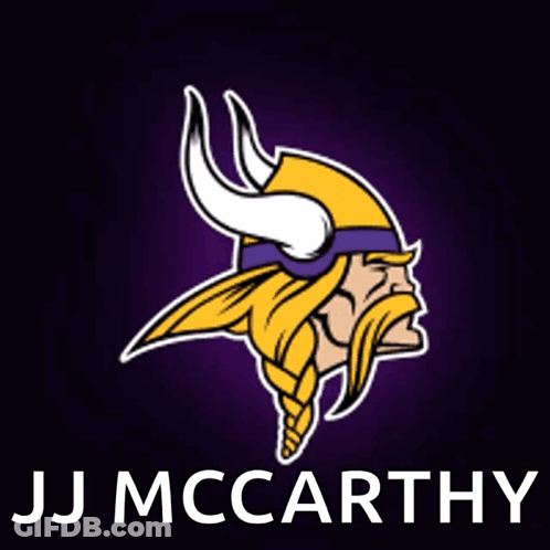A Logo For The Minnesota Vikings With The Name Jj Mccarthy Underneath It GIF